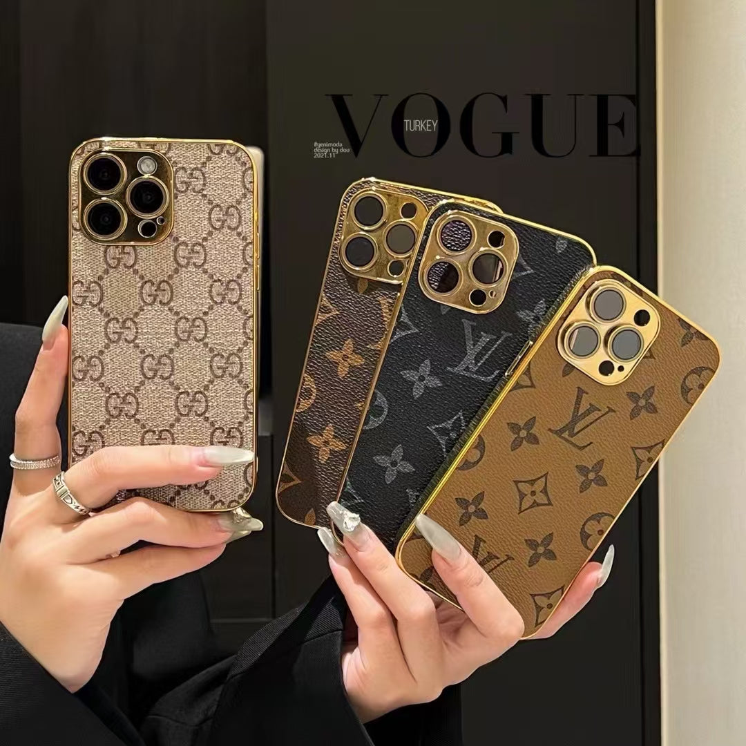 LV Style Soft Monogram Case with Gold Border for iPhone 12-18 Pro & Pro Max