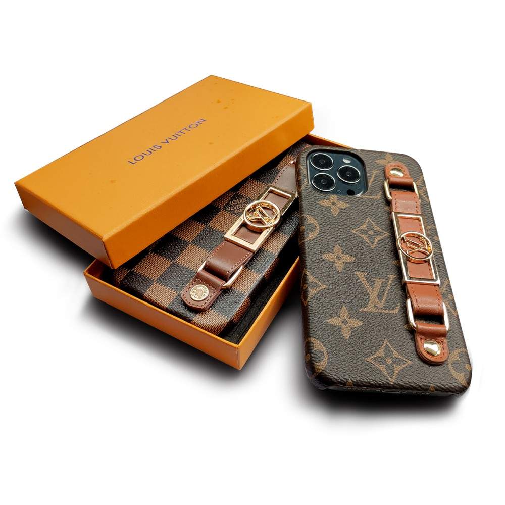 Luxury Monogram Leather Case with Wrist Strap Band for iPhone 12-18 Pro & Pro Max