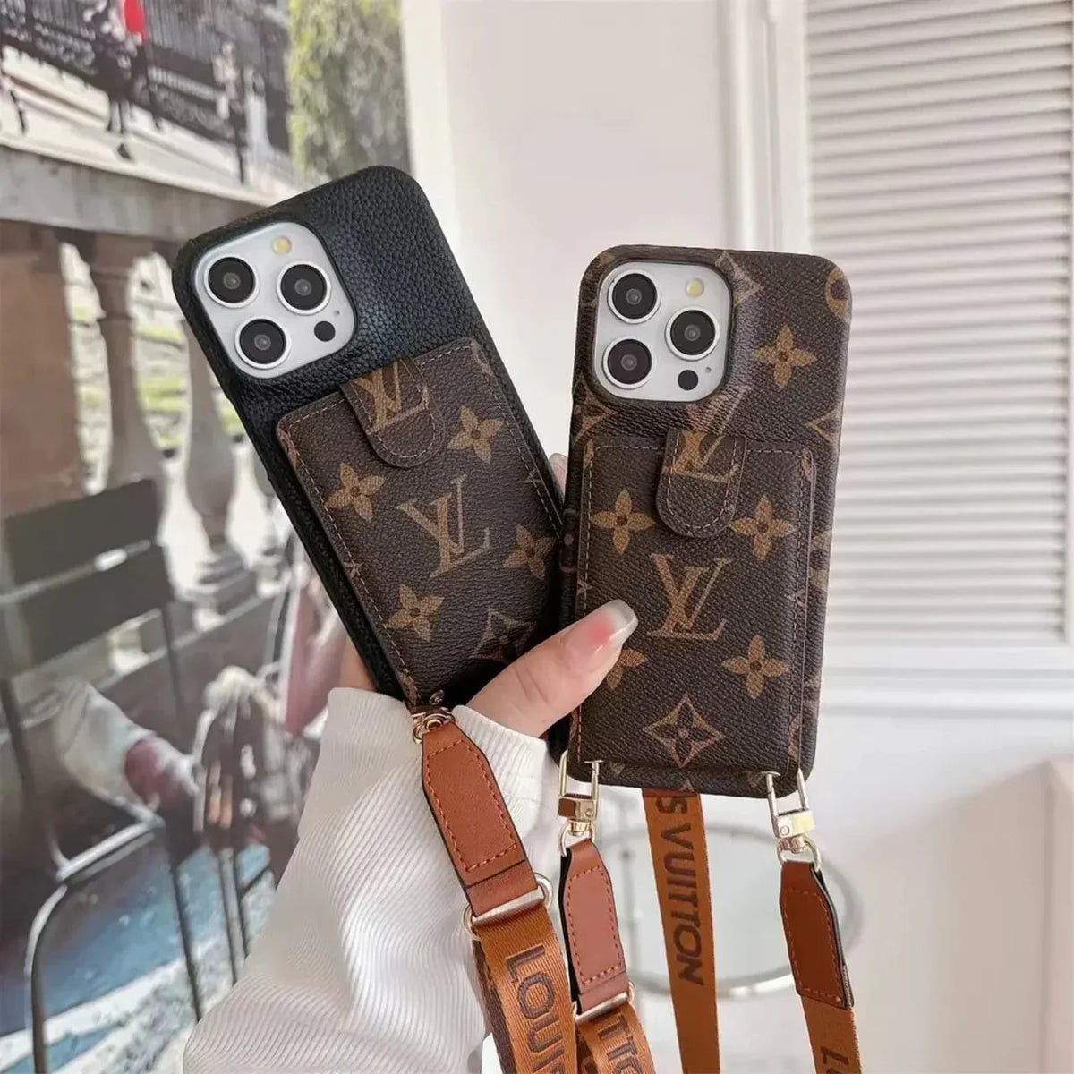 Luxury LV Phone Case Card Holder Detachable Lanyard for iPhone 12-18 Pro & Pro Max