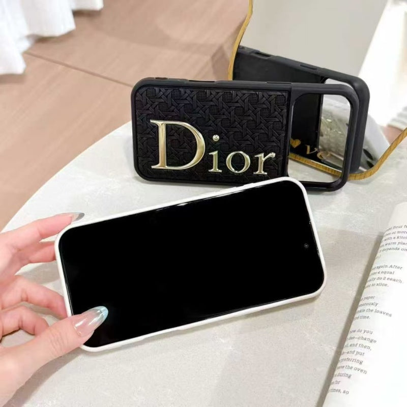 Luxury Cannage Weave Phone Case with Gold Dior Emblem for iPhone 12-18 Pro & Pro Max