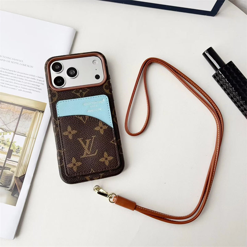 Luxury Monogram Cardholder Phone Case with Lanyard Strap For iPhone 13-18 Pro & Pro Max