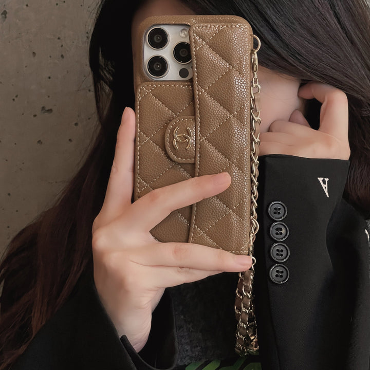 CHN Quilted Caviar Leather Case with Flap Pocket for iPhone 12-18 Pro & Pro Max