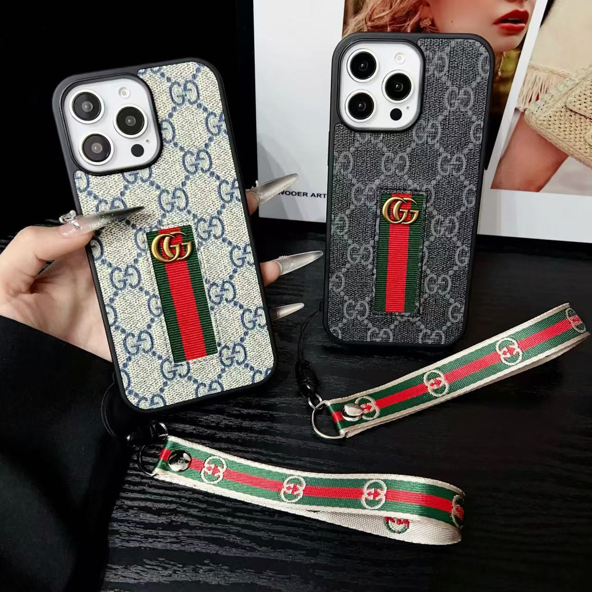 Premium GG Monogram Case with Web Wrist Strap for iPhone 12-18 Pro & Pro Max