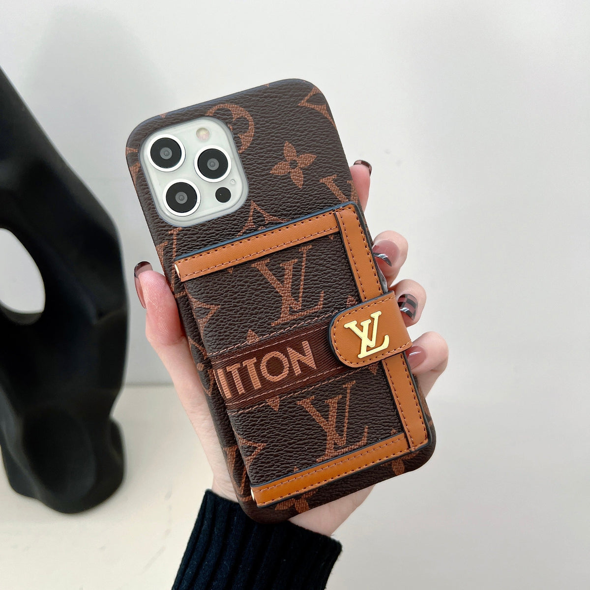 Luxury Embroidered Case with Card Holder & Strap for iPhone 13–18 Pro Max