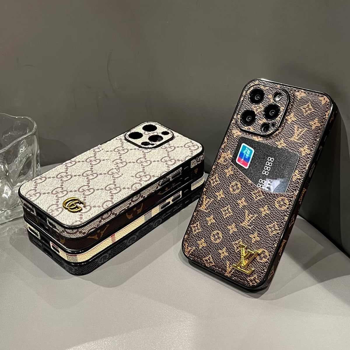 Classic Canvas Leather Monogram Card Holder Phone Case for iPhone 12-18 Pro & Pro Max