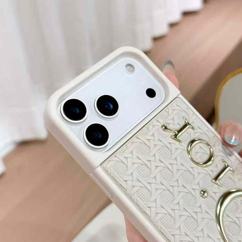 Luxury Cannage Weave Phone Case with Gold Dior Emblem for iPhone 12-18 Pro & Pro Max
