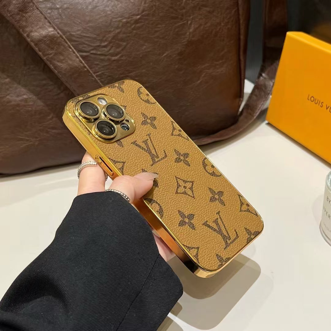 LV Style Soft Monogram Case with Gold Border for iPhone 12-18 Pro & Pro Max
