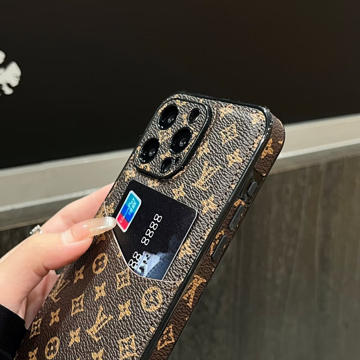 Classic Canvas Leather Monogram Card Holder Phone Case for iPhone 12-18 Pro & Pro Max