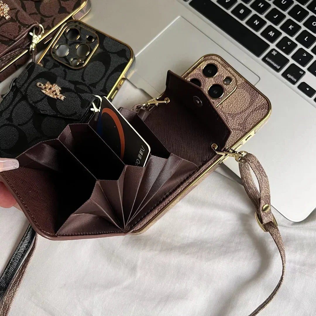 Luxury Logo Accordion Card Holder Leather Crossbody Apple iPhone Case