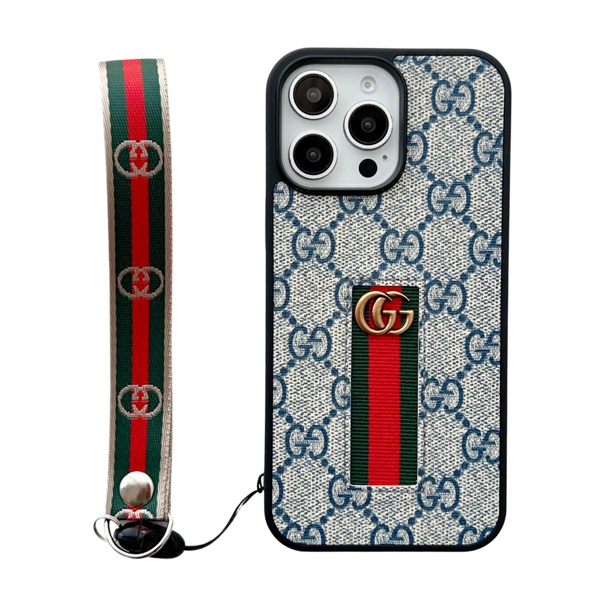 Premium GG Monogram Case with Web Wrist Strap for iPhone 12-18 Pro & Pro Max