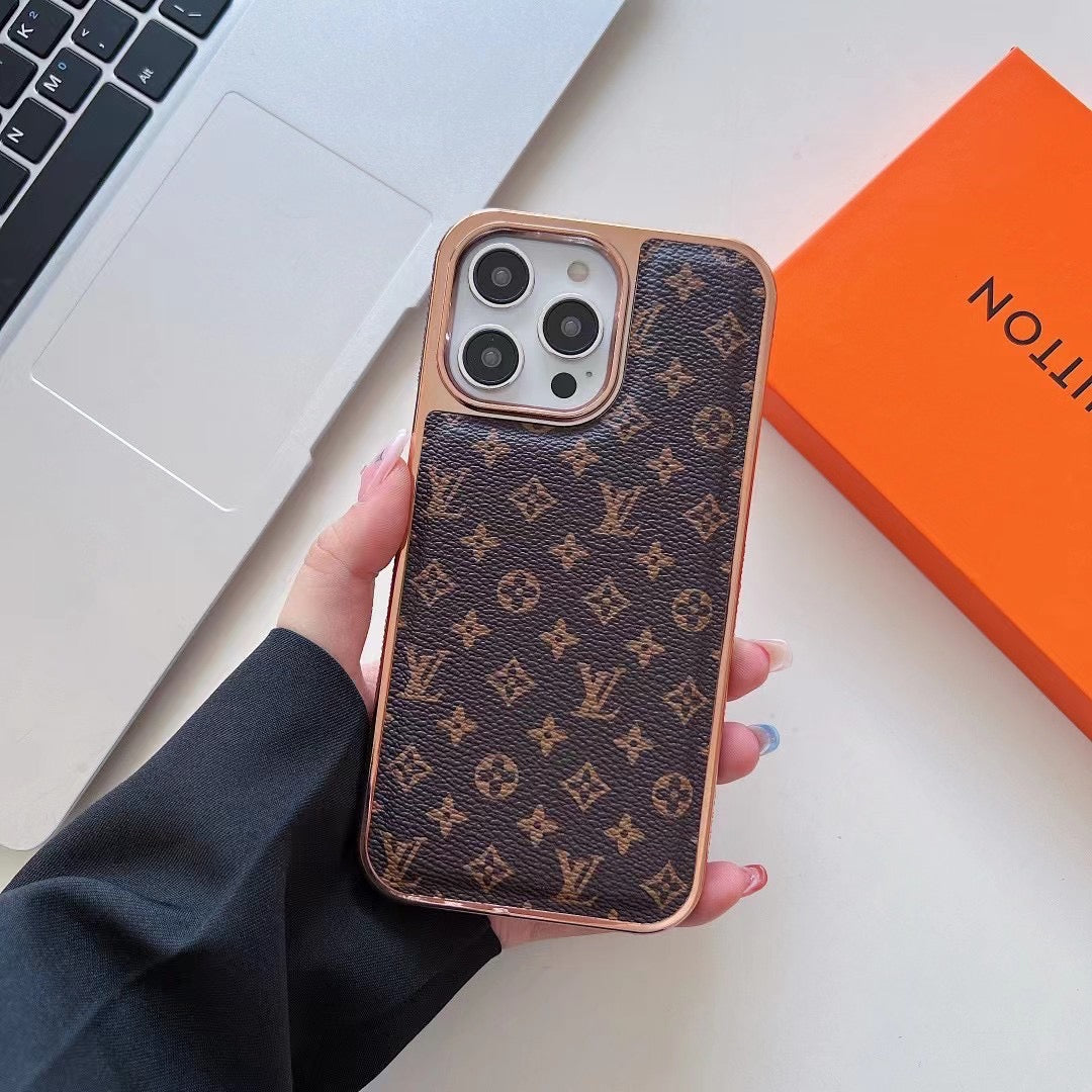 LV Classic Monogram Leather Case with Gold Border for iPhone 13-18 Pro & Pro Max