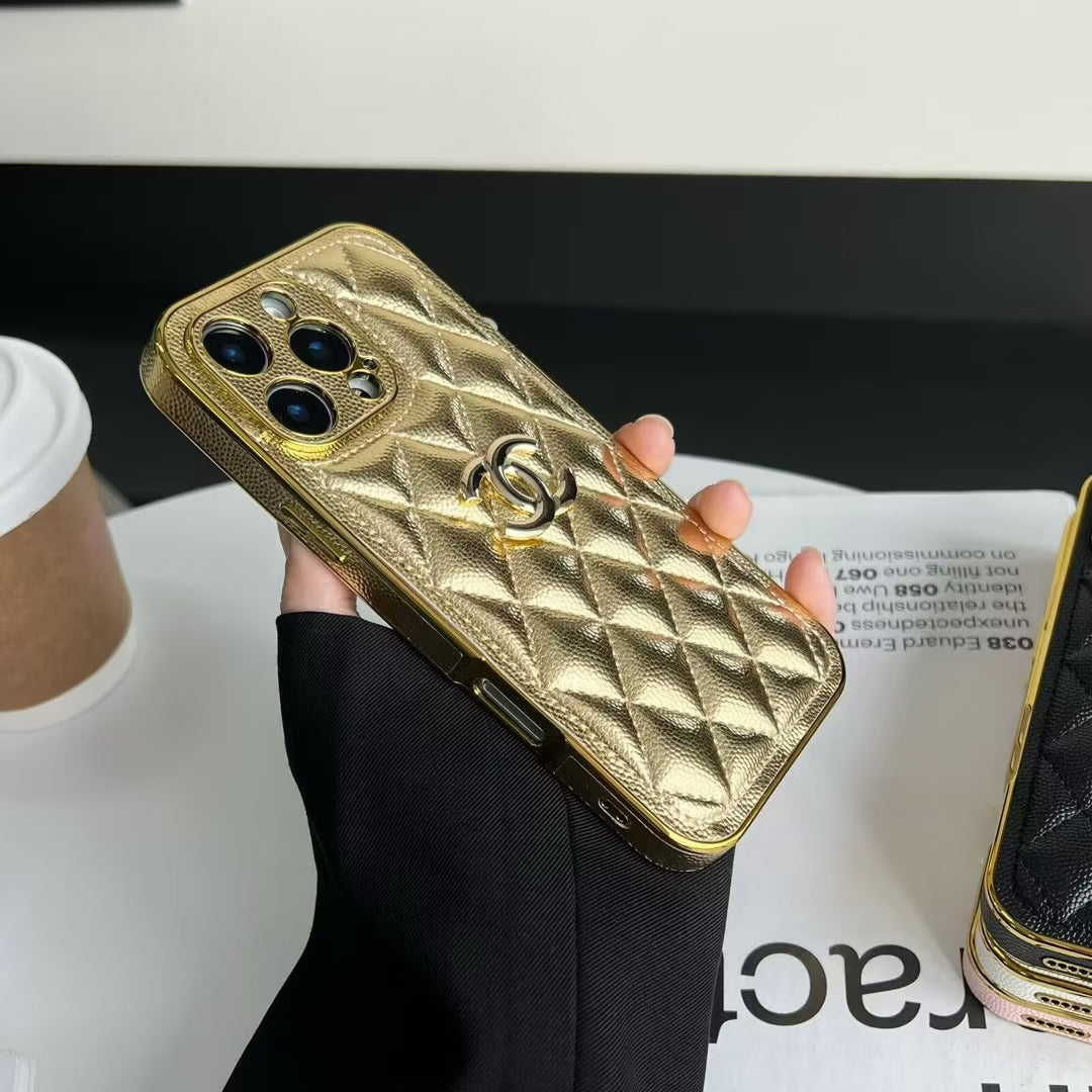 Luxury Chanel Cream Case with Gold Edge Frame for iPhone 12-18 Pro & Pro Max