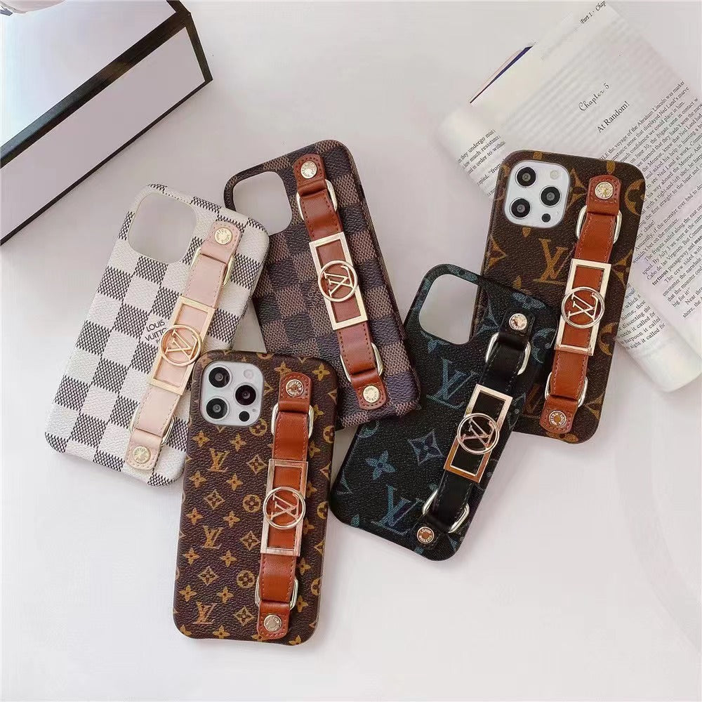 Luxury Monogram Leather Case with Wrist Strap Band for iPhone 12-18 Pro & Pro Max