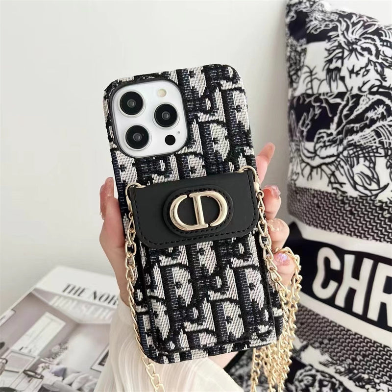 Dior Luxury iPhone Case with Chain, Card Slot, and Metal Logo for iPhone 12-18 Pro & Pro Max