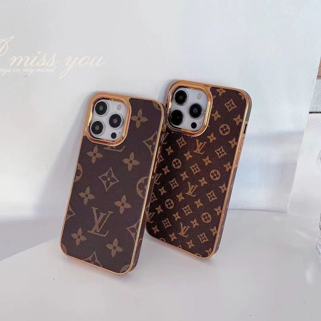 LV Classic Monogram Leather Case with Gold Border for iPhone 13-18 Pro & Pro Max