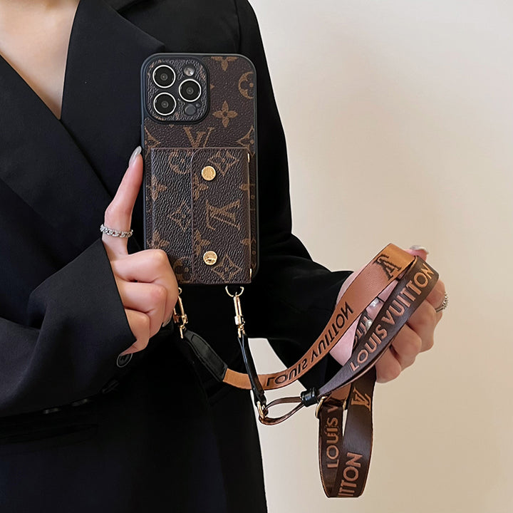 Lou Card Bag Chain Brown Phone Case with Strap for iPhone 12-18 Pro & Pro Max