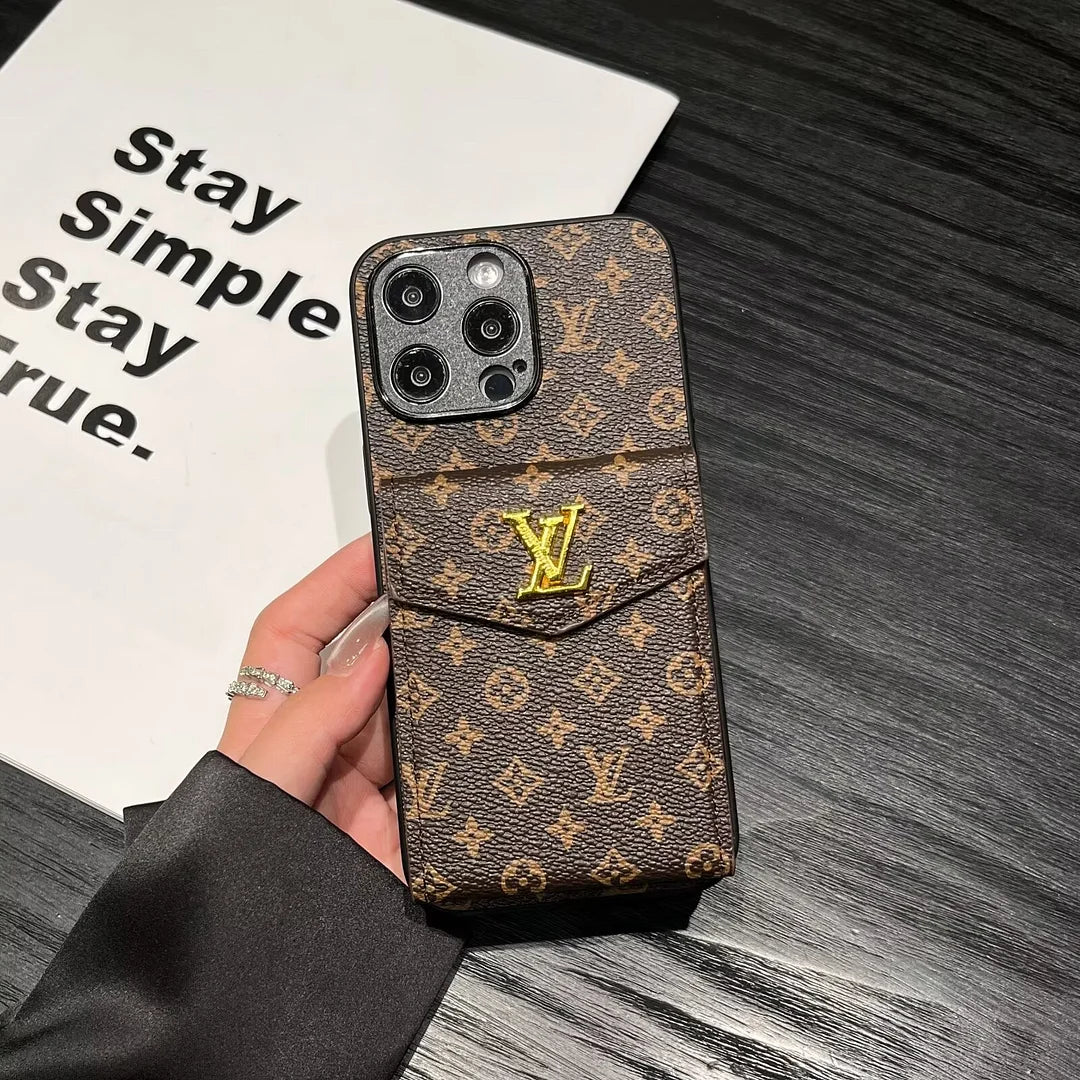Luxury LV Leather Phone Case with Card Holder for iPhone 12-18 Pro & Pro Max