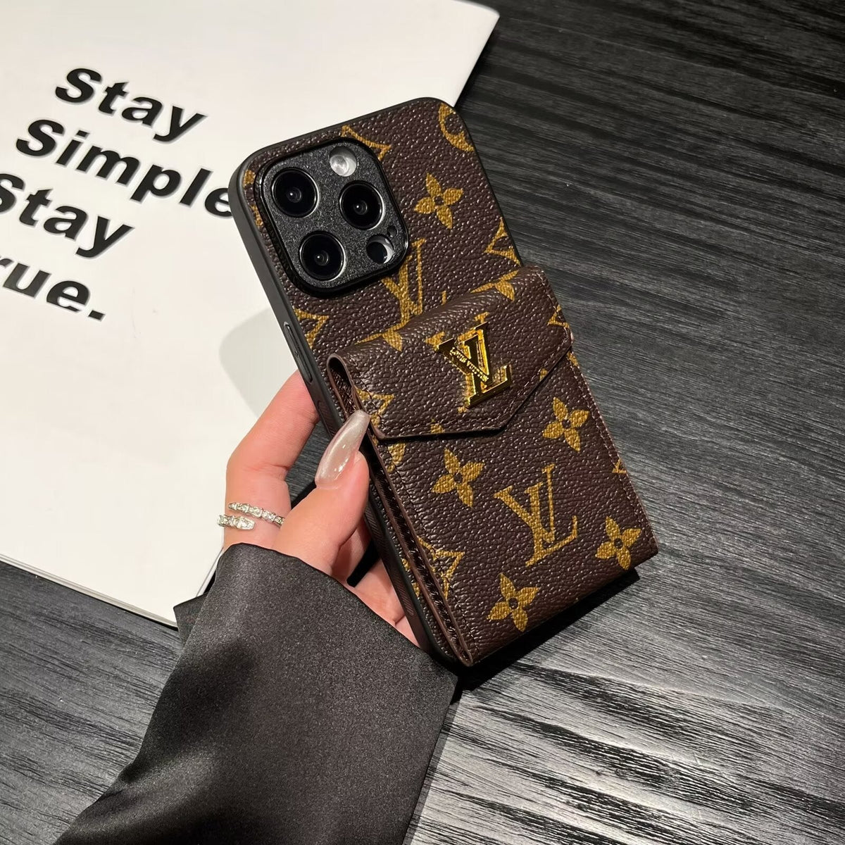 Luxury LV Leather Phone Case with Card Holder for iPhone 12-18 Pro & Pro Max