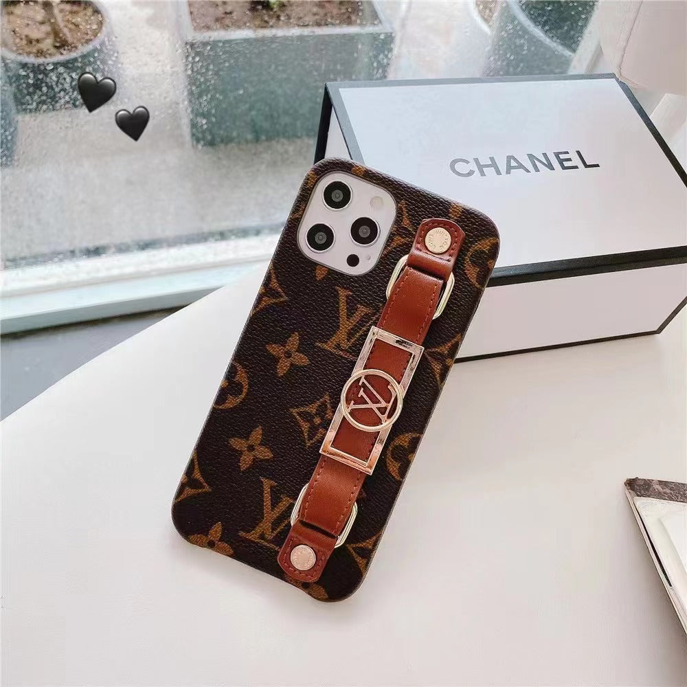 Luxury Monogram Leather Case with Wrist Strap Band for iPhone 12-18 Pro & Pro Max