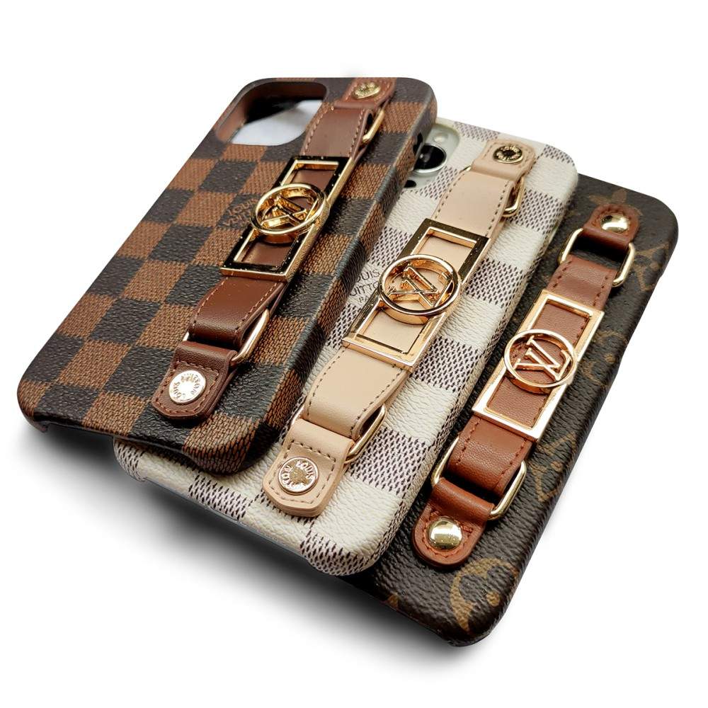 Luxury Monogram Leather Case with Wrist Strap Band for iPhone 12-18 Pro & Pro Max