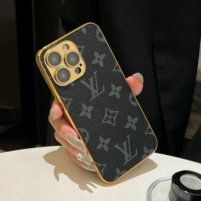 LV Style Soft Monogram Case with Gold Border for iPhone 12-18 Pro & Pro Max