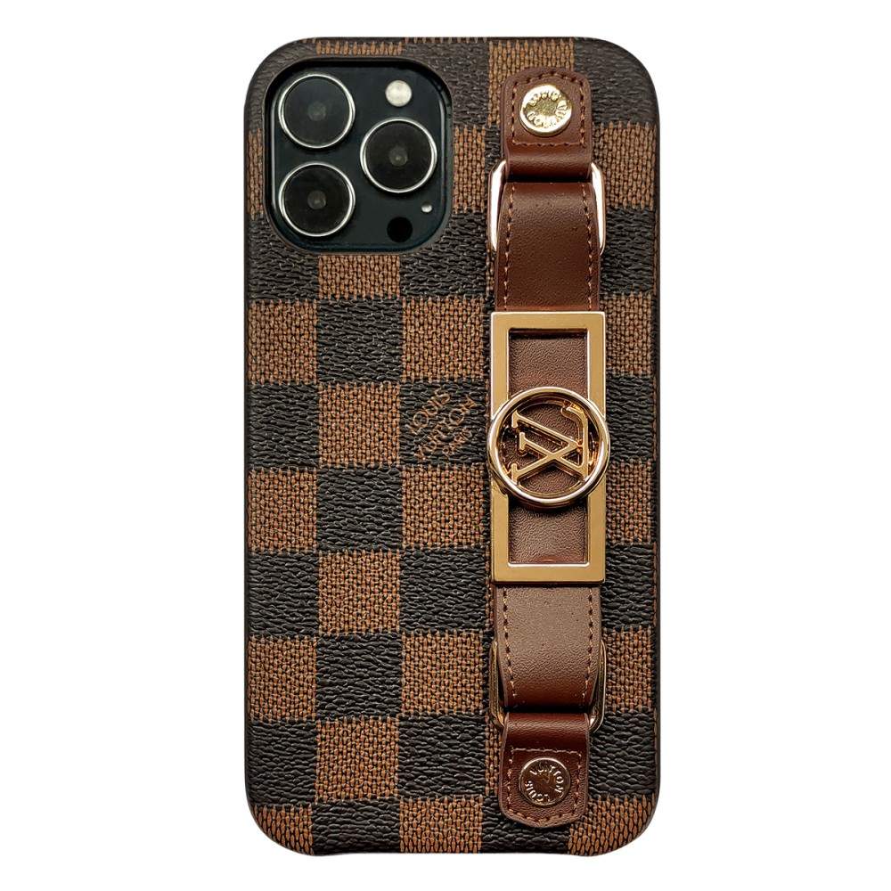Luxury Monogram Leather Case with Wrist Strap Band for iPhone 12-18 Pro & Pro Max